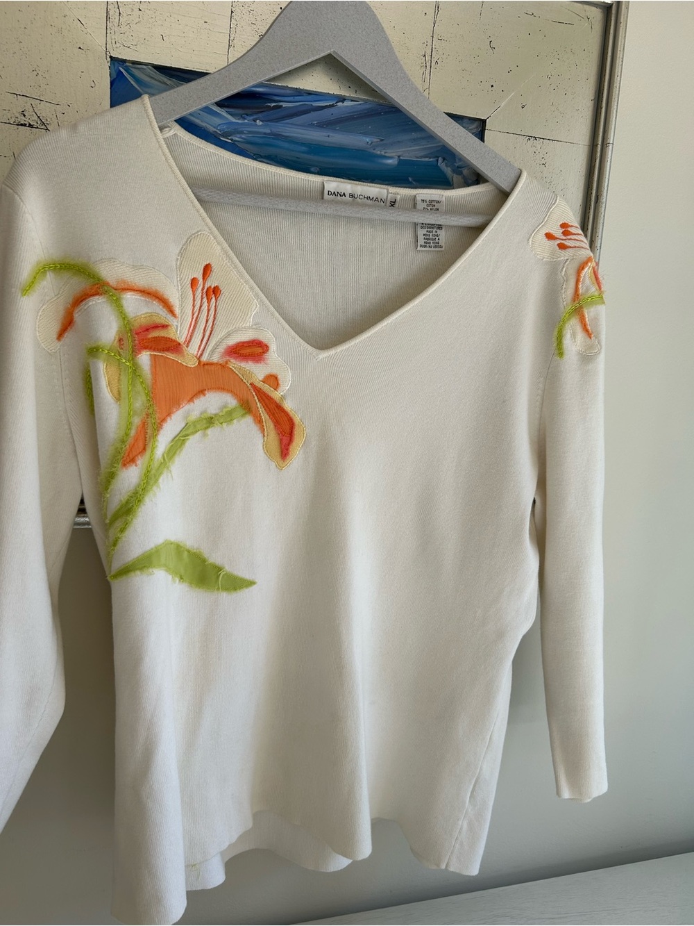 Dana Buchman Cream V-Neck Sweater with Orange Floral Appliqué